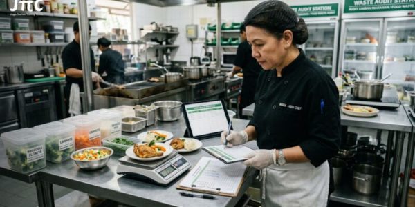 Koki restoran sedang melakukan audit bahan baku dan porsi makanan untuk mengurangi food waste.