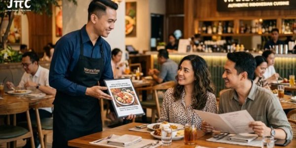 Waiter profesional menerapkan teknik upselling restoran dengan ramah saat melayani pelanggan.