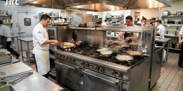 Jenis kompor komersial untuk restoran berbahan stainless steel di dapur profesional.
