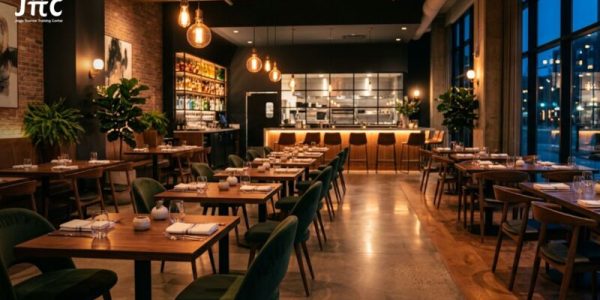 Suasana restoran modern yang sepi pengunjung dengan meja kosong dan pencahayaan hangat.