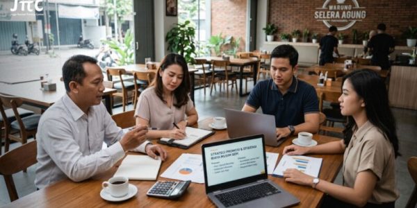 Tim manajemen restoran sedang menyusun strategi promosi dan efisiensi biaya saat musim sepi pengunjung