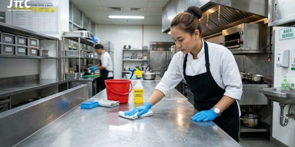 Koki profesional sedang membersihkan meja stainless dapur restoran sesuai standar kebersihan dapur restoran dan HACCP.