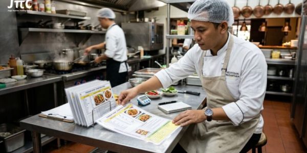 Koki menyusun lembar standar resep masakan di meja dapur restoran