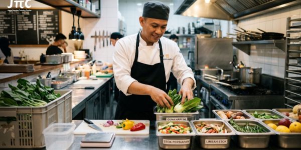 Koki restoran sedang memilah dan mengelola bahan makanan di dapur bersih untuk efisiensi limbah.