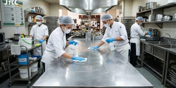 Tim dapur restoran profesional memoles meja olah makanan berbahan stainless steel sesuai standar higiene sanitasi Dinas Kesehatan