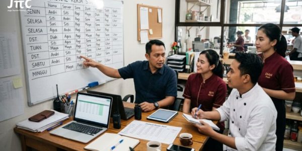 Manajer restoran sedang mendiskusikan cara membuat jadwal shift karyawan restoran bersama staf di meja kerja.