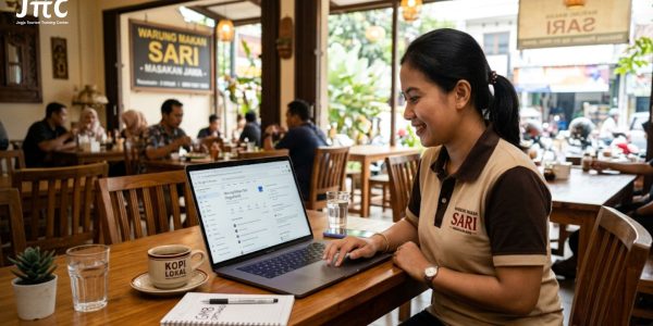 Pemilik restoran sedang melakukan optimasi Google My Business restoran melalui laptop di meja kerja yang rapi.