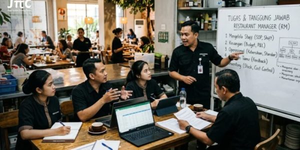 Tim operasional F&B sedang mendiskusikan tugas restaurant manager dalam mengelola restoran.