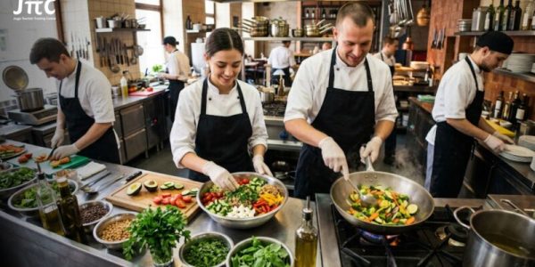 Tim dapur restoran sedang menyiapkan olahan menu vegetarian segar untuk pelanggan