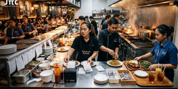Suasana staf restoran sibuk mengatur pesanan makanan dengan cepat dan efisien saat jam sibuk di akhir pekan.