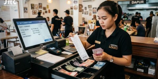 Kasir restoran sedang menghitung uang tunai dan memeriksa struk transaksi sistem POS saat audit settlement shift