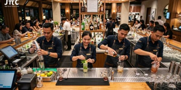 Tim bartender bekerja dengan alur standar operasional bar restoran yang efisien dan rapi.