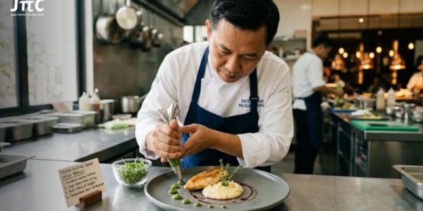 Seorang chef profesional mengaplikasikan teknik plating makanan untuk pemula pada piring saji restoran