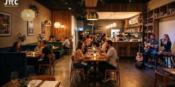 interior restoran modern yang nyaman dengan suasana musik latar menyenangkan.