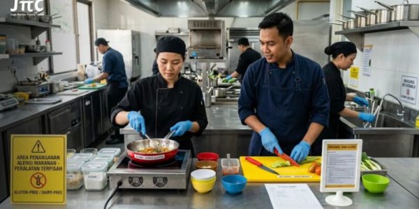 Tim koki restoran sedang menerapkan prosedur penanganan tamu alergi makanan dengan peralatan terpisah dan bersih.