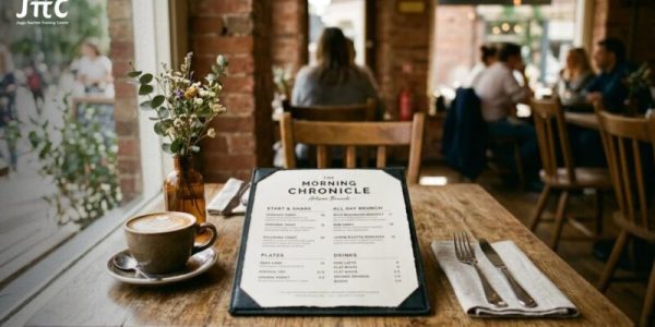 deskripsi menu makanan restoran di atas meja makan kayu modern