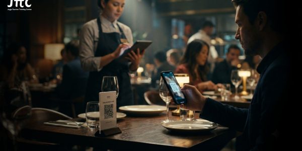 suasana restoran yang menggunakan QR menu di meja, pelanggan memindai QR code dengan smartphone, staf restoran menggunakan tablet untuk mengelola pesanan online,
