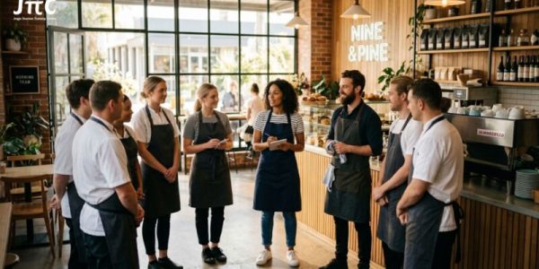 Tim restoran sedang mengikuti morning briefing 10 menit sebelum jam buka toko