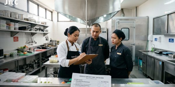 Tim staf kuliner sedang mengecek checklist SOP restoran saat shift pagi di area dapur yang bersih.