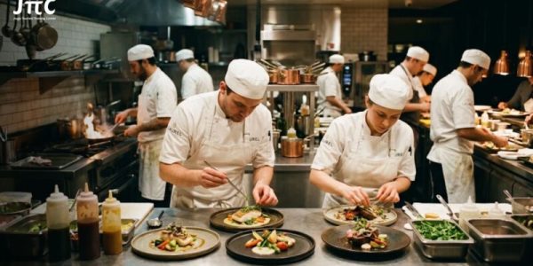 Executive Chef dan Sous Chef sedang berdiskusi mengenai menu dan standar kualitas hidangan.