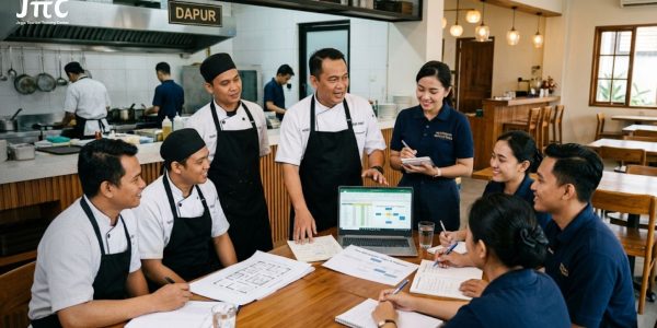 Tim dapur dan staf pelayanan restoran sedang berdiskusi merapikan operasional bisnis kuliner.