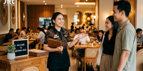 Staf restoran sedang menyapa pelanggan dengan ramah sesuai standar SOP pelayanan restoran