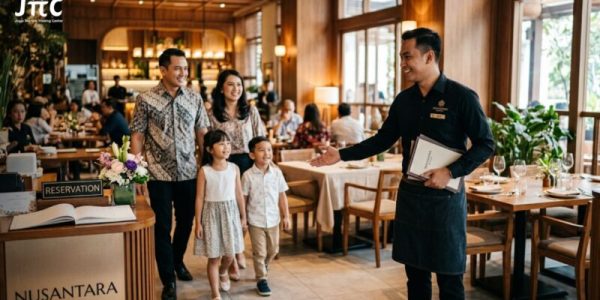 Waiter profesional menyambut tamu restoran dengan ramah saat proses greeting dan seating