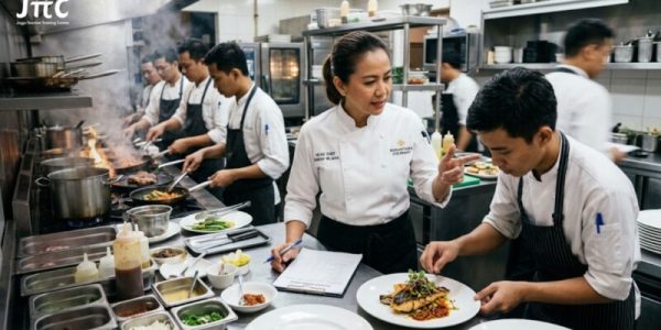 Head chef profesional sedang mengawasi penyajian makanan dan mengelola tim di dapur restoran.
