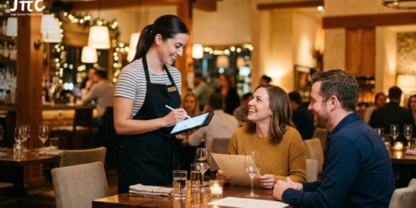 Seorang waiter profesional sedang melayani pengunjung restoran dengan ramah dan penuh perhatian.