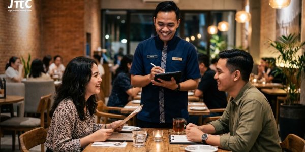 Waitress ramah melayani pesanan tamu di meja restoran modern dengan suasana hangat.