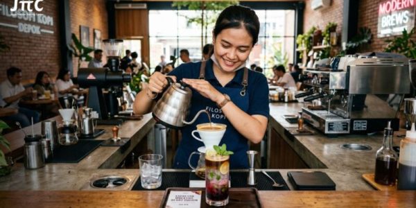 Barista profesional sedang menyeduh kopi mocktail menggunakan teknik modern di kedai kopi kekinian Indonesia.