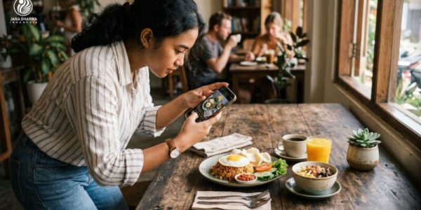 Seorang fotografer kuliner sedang menyusun angle foto makanan menggunakan smartphone di atas meja kayu