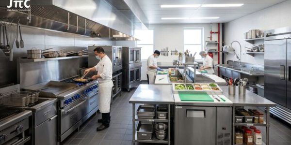 Daftar peralatan dapur restoran komersial stainless steel di dapur profesional yang bersih dan modern