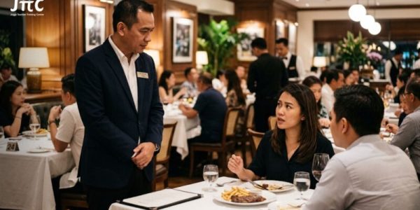 Manajer restoran sedang berdiri mengatasi komplain di restoran secara profesional kepada tamu