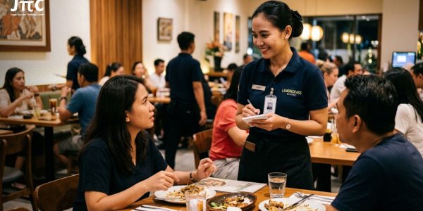 Staf restoran sedang melayani komplain pelanggan dengan senyuman dan sikap profesional