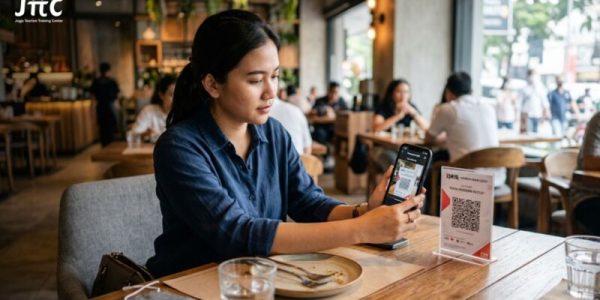 Pelanggan restoran memindai kode QRIS untuk transaksi pembayaran cashless melalui smartphone di meja makan modern