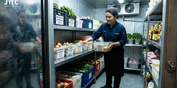 Koki restoran sedang menyusun stok bahan makanan di dalam chiller menggunakan metode FIFO