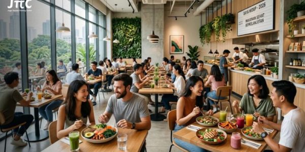 Suasana restoran modern dengan pengunjung menikmati hidangan sehat di tahun 2026