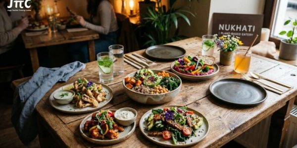 Sajian menu plant-based modern dan sehat di atas meja restoran kayu yang estetis